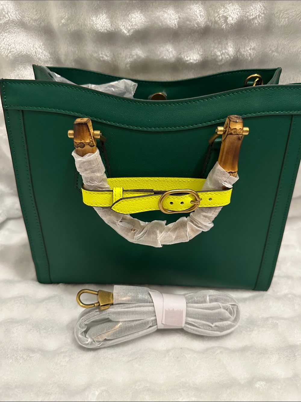 Green Leather Tote Bag with Neon Yellow Accent